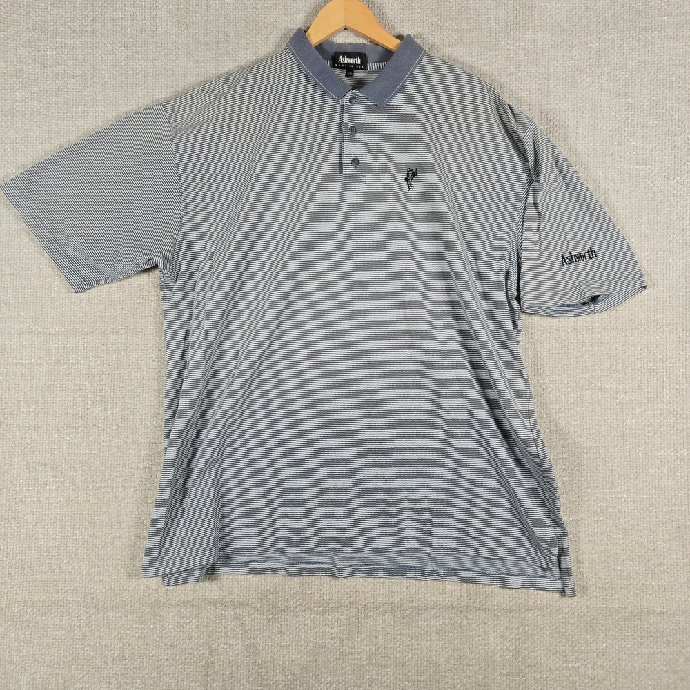 VTG Ashworth Mens XXL Blue Striped Short Sleeve Polo Shirt Made in USA Cotton